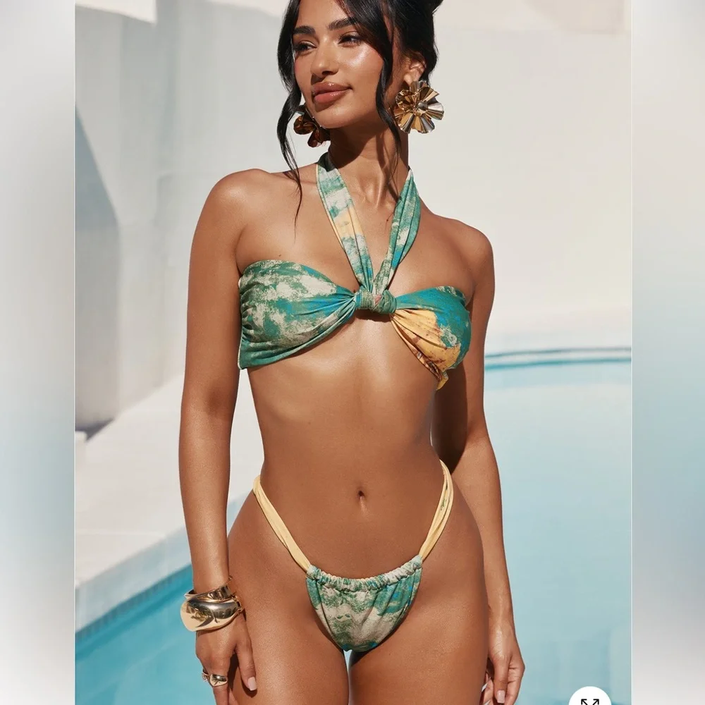 Mina Bandeau Halter Chiffon Sarong 3 Piece Bikini Set - Yellow/combo NWOT - Picture 2 of 4